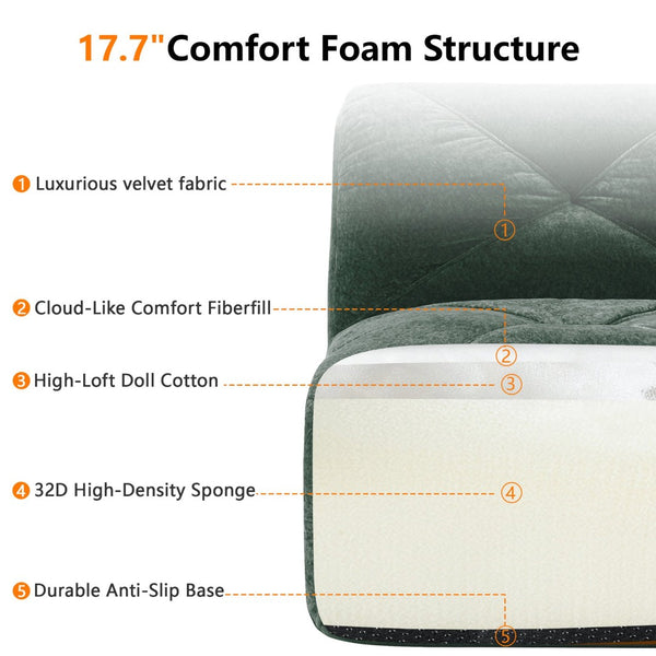 English Elm 110''boneless Velvet Sectional Sofa Modular Cloud Seating with Tufted Cushions for Living Rooms Green W714S01613