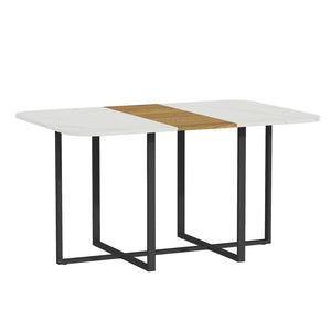 English Elm Modern Faux Marble Walnut Dining Table Geometric Black Base Seats Six W3875P372866
