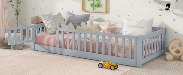 English Elm Twin Solid Rubberwood Floor Bed with Full Perimeter Safety Rails for Toddler Rooms Grey W504P296776