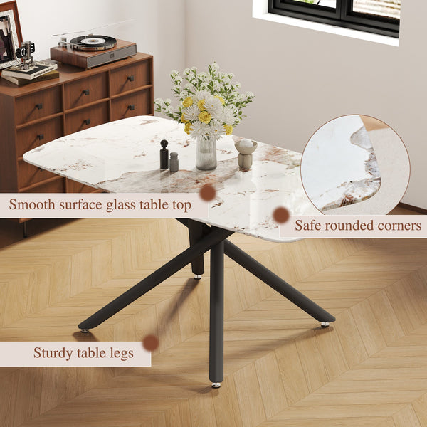 English Elm 63"x35.4" Luxurious Marble-Patterned Tempered Glass Dining Table with Gold Fork Legs, Scratch-Resistant Elegance Black W1151S03723