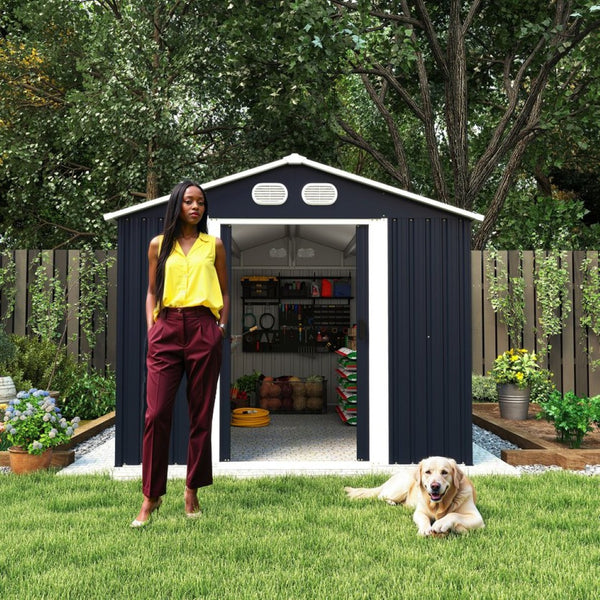 English Elm Campcraft 8x12 Outdoor Metal Storage Shed Lockable Weatherproof Backyard Tool House Dark Gray W1598S00042