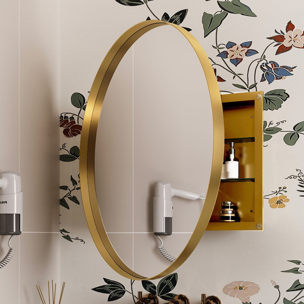 English Elm 31.5 Round Metal Framed Medicine Cabinet with Mirror and Adjustable Shelves for Stylish Bathrooms Gold W1435P194675