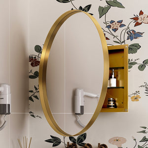 English Elm 31.5 Round Metal Framed Medicine Cabinet with Mirror and Adjustable Shelves for Stylish Bathrooms Gold W1435P194675
