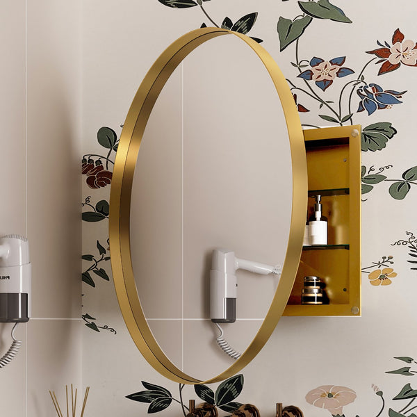 English Elm 31.5 Round Metal Framed Medicine Cabinet with Mirror and Adjustable Shelves for Stylish Bathrooms Gold W1435P194675