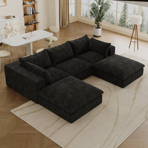 English Elm 118.2" Modular Cloud Sofa Corduroy Upholstered Deep Seat Lounge for Living Room Black W2824S00182