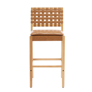 English Elm Christopher Knight Home® - Rieti PU Leather Barstools Set of 2 — Natural Rubberwood Frame, Geometric Crossback, Riveted Accents N775P271408B
