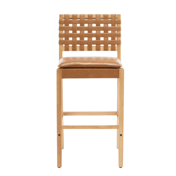 English Elm Christopher Knight Home® - Rieti PU Leather Barstools Set of 2 — Natural Rubberwood Frame, Geometric Crossback, Riveted Accents N775P271408B