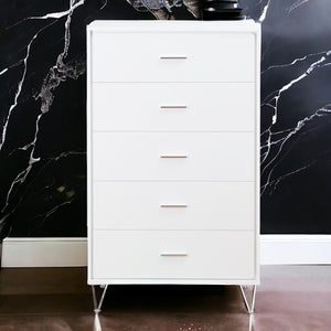 English Elm White 5-Drawer Chest For Modern Storage | Crisp Finish, Polished Chrome Legs & Effortless Access B062P209028-GIGA