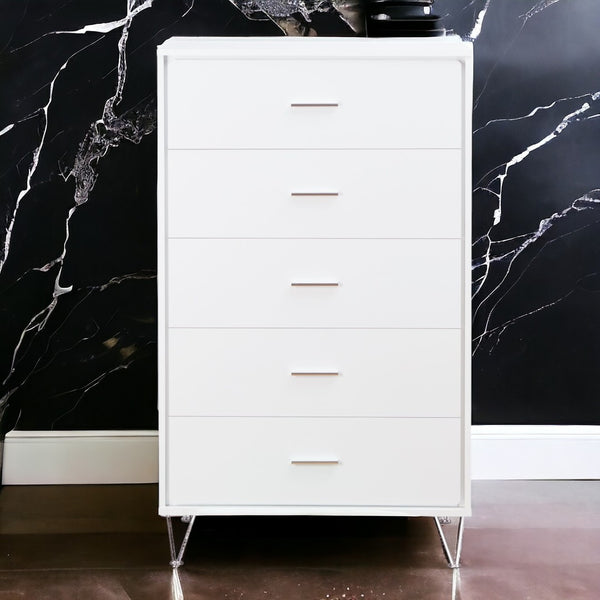 English Elm White 5-Drawer Chest For Modern Storage | Crisp Finish, Polished Chrome Legs & Effortless Access B062P209028-GIGA