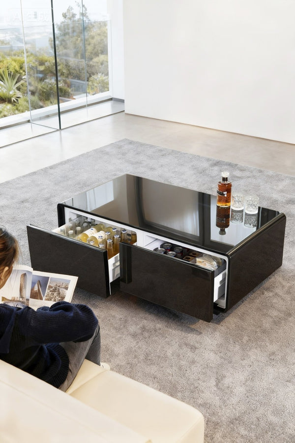 English Elm Modern Coffee Table with Built in Fridge Power Outlets and 135l Cold Storage Black W1172P483602