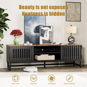 English Elm 63 Vintage Bevel TV Stand 63-inch Media Console with Drawers and Open Shelves, Rustic Artful Design Black+Brown W578P193305