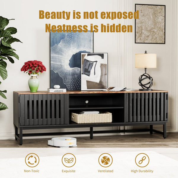 English Elm 63 Vintage Bevel TV Stand 63-inch Media Console with Drawers and Open Shelves, Rustic Artful Design Black+Brown W578P193305