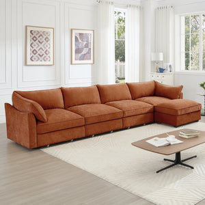 English Elm L-Shaped 4-Seater Sectional Sofa With Movable Ottoman & Storage, Soft Chenille In Chic Orange W3041S00210