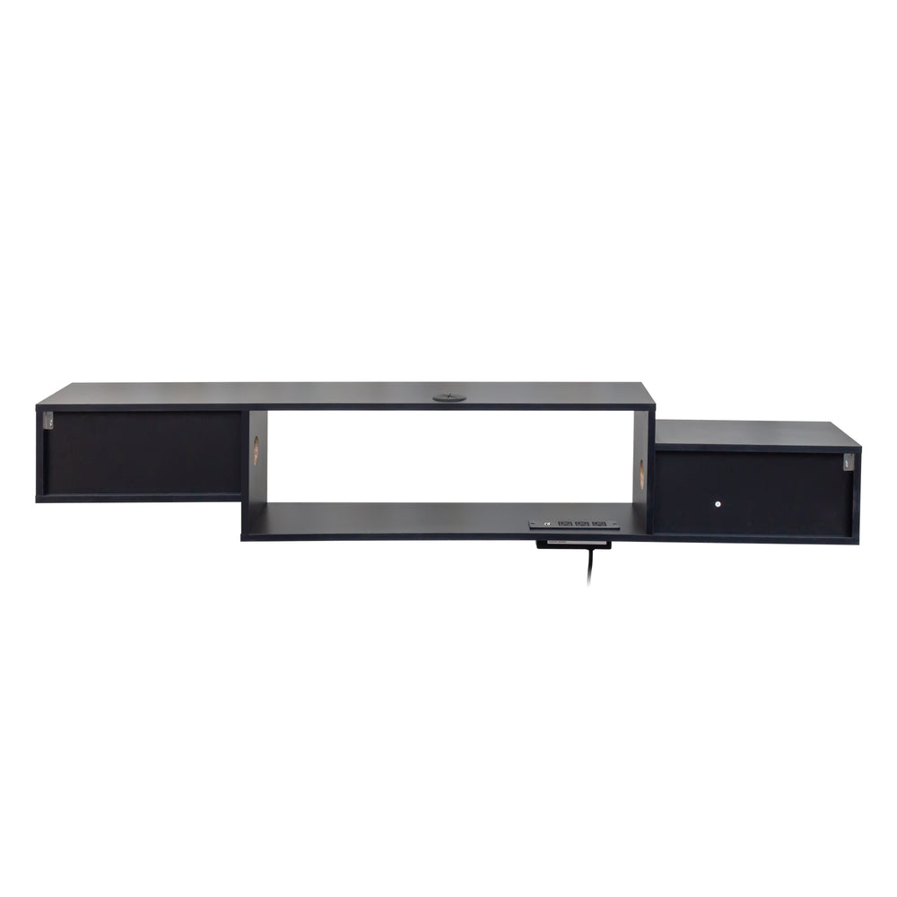 English Elm 65.35in Wall Mounted Floating TV Stand with 20 Color LEDs, Charging Station & Space-Saving Shelf Design Black W331P242458