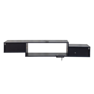 English Elm 65.35in Wall Mounted Floating TV Stand with 20 Color LEDs, Charging Station & Space-Saving Shelf Design Black W331P242458