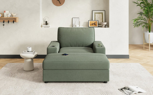 English Elm Christopher Knight Home® - 42.8" Oversized Chaise Lounge with Storage Ottoman, Corduroy Upholstery, USB Port & Cup Holders for Cozy Living Space Green N765P350851N