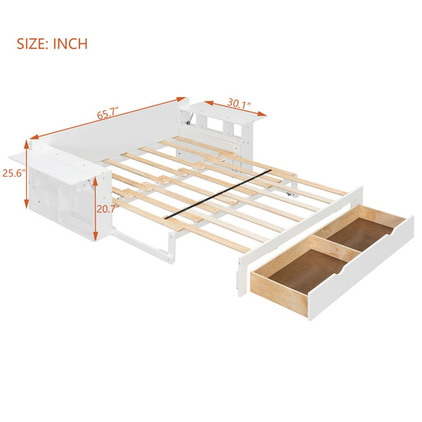 English Elm Full Size Daybed with Hydraulic Desk Armrests Storage Drawer and Sofa Seating White LT000271AAK