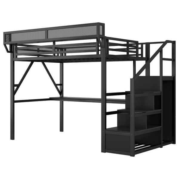 English Elm Queen Metal Loft Bed with Desk Charging Station Rgb Lighting and Storage Stairs W2580S00091