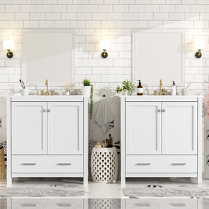 English Elm Modern 48 Inch Freestanding Bathroom Vanity Dual Ceramic Sinks Soft Close Gold Handles White N729P000001K