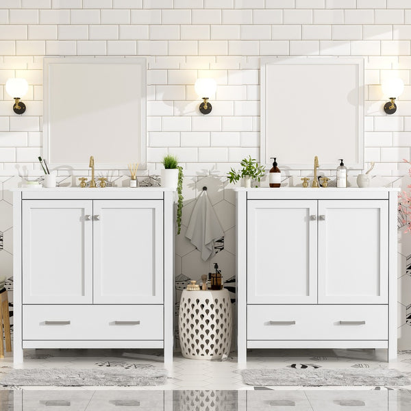 English Elm Modern 48 Inch Freestanding Bathroom Vanity Dual Ceramic Sinks Soft Close Gold Handles White N729P000001K