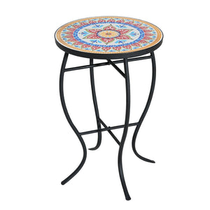 English Elm Outdoor Mosaic Ceramic Tile Round Side Table with Curved Wrought Iron Patio Accent Red+Black N773P365597R