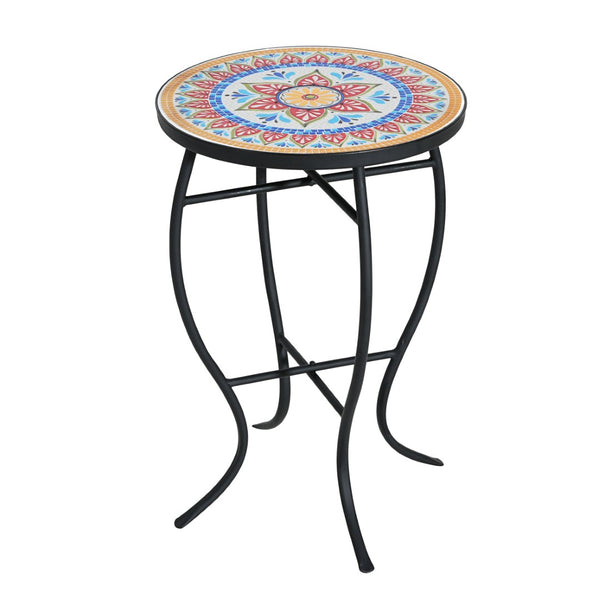 English Elm Outdoor Mosaic Ceramic Tile Round Side Table with Curved Wrought Iron Patio Accent Red+Black N773P365597R