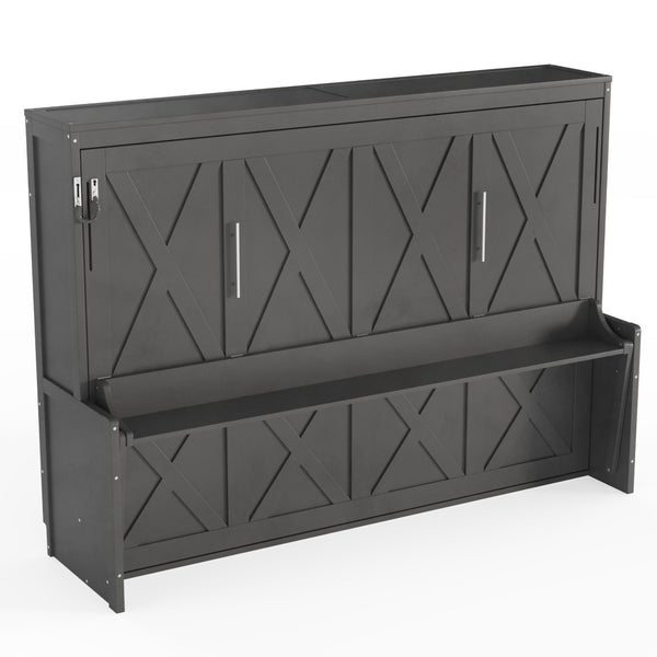 English Elm Queen Murphy Bed with Fold Down Desk Led Lighting and Usb Port for Home Office Dark Gray W1580S00457