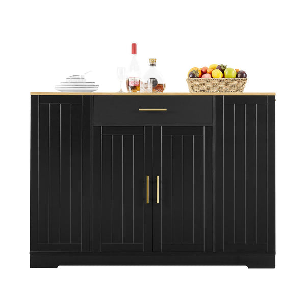 English Elm 53 Inch Large Kitchen Island With Hidden Trash Storage & Adjustable Shelves, Black & Oak Finish W1820P199483