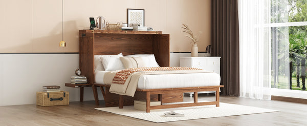 English Elm Full Size Pine Cabinet Murphy Bed with Usb Charging Side Shelves for Guest Rooms W504S00221