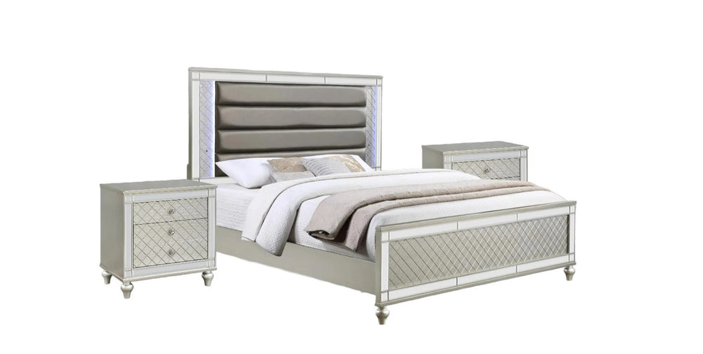 English Elm 1pc Glam Nightstand 2-Drawer Silver Champagne Mirror Accents Crosshatch Drawer Fronts 28x18.3x26.5" B2741P367217