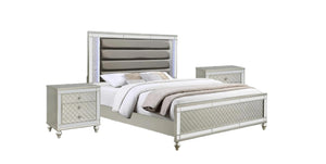 English Elm 1pc Glam Nightstand 2-Drawer Silver Champagne Mirror Accents Crosshatch Drawer Fronts 28x18.3x26.5" B2741P367217