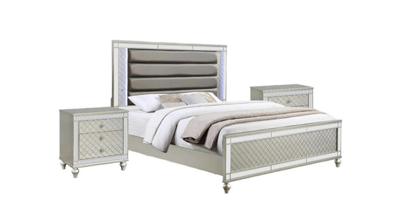 English Elm 1pc Glam Nightstand 2-Drawer Silver Champagne Mirror Accents Crosshatch Drawer Fronts 28x18.3x26.5" B2741P367217