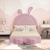 English Elm Full Size Upholstered Rabbit-Shape Bed With 2 Storage Stools, Velvet Platform Bed With Cartoon Ears Shaped Headboard, Pink