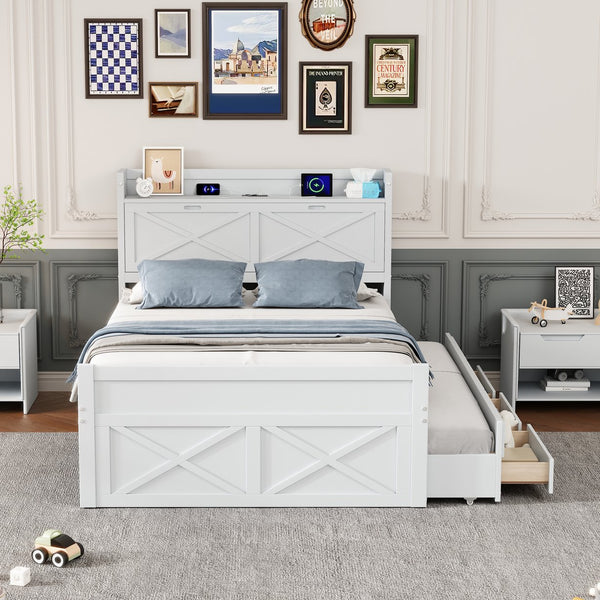 English Elm Full Full Size Wooden Bed with Storage Headboard, Built-In Outlets, Trundle & 3 Drawers for Space-Saving Bedrooms White 80.51 L x 17.12 W x 4.57 H N733S172712K