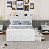 English Elm Full Size Wooden Bed With Storage Headboard With Outlets, Extendable Bed With Twin Size Trundle With Three Storage Drawers,White