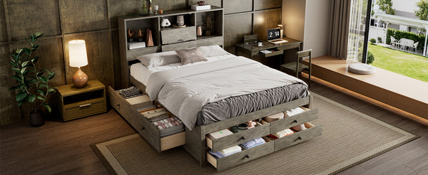 English Elm Queen Platform Bed with Built-In Headboard Storage and 8 Drawers, Solid Wood MDF, Sturdy Design Gray GX000453AAE