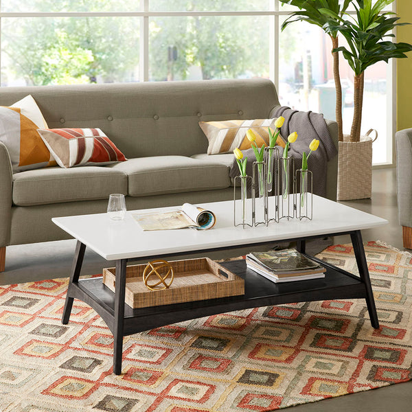 JLA Home Madison Park - Coffee Two-Tone Mid-Century Coffee Table with Off-White Top, Solid Wood Frame & Lower Shelf Storage MP120-1129