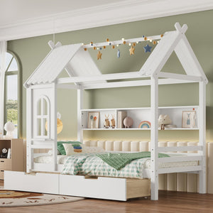 English Elm Twin House Platform Bed with Drawers & Shelves, Solid Wood Playhouse Frame for Kids, Cozy Design Light White W1580S00265