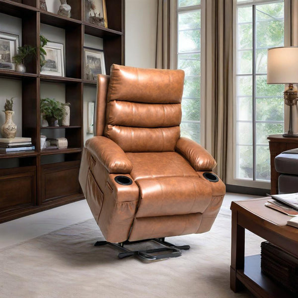 English Elm 21"seat Large Electric Power Lift Recliner Chair with 8-Point Vibration Massage, Lumbar Heat, Remote Control and Cup Holders for Easy Standing Comfort and Pocket Storage Brown W311P316089