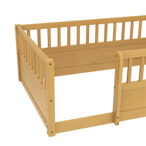 English Elm Twin Montessori Floor Bed Frame for Kids – Pine Playroom Bed with Fence for Reading & Imaginative Play Natural W1580P307880
