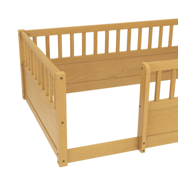 English Elm Twin Montessori Floor Bed Frame for Kids – Pine Playroom Bed with Fence for Reading & Imaginative Play Natural W1580P307880