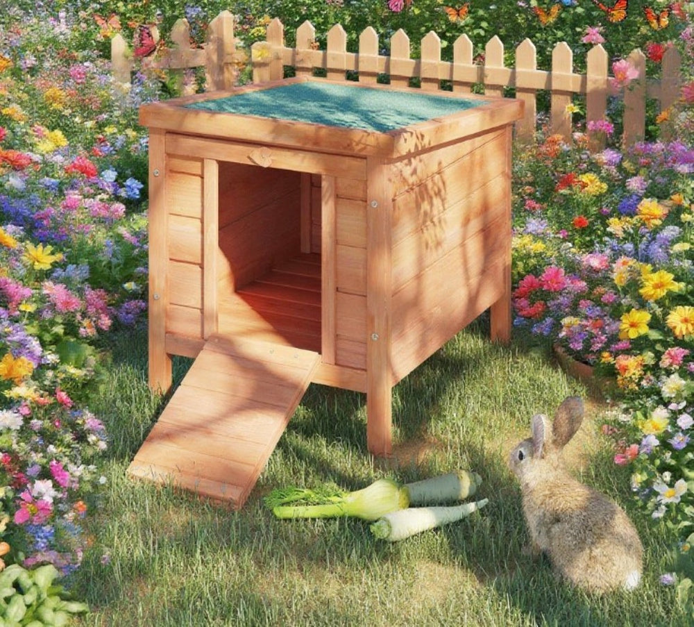 English Elm Wooden Outdoor Pet Hutch with Asphalt Roof Raised Floor and Ramp for Small Animals T3971P383374