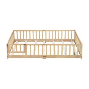 English Elm Queen Rubber Wood Floor Bed with Full Perimeter Safety Fence and Hinged Access Door Natural W504P429341