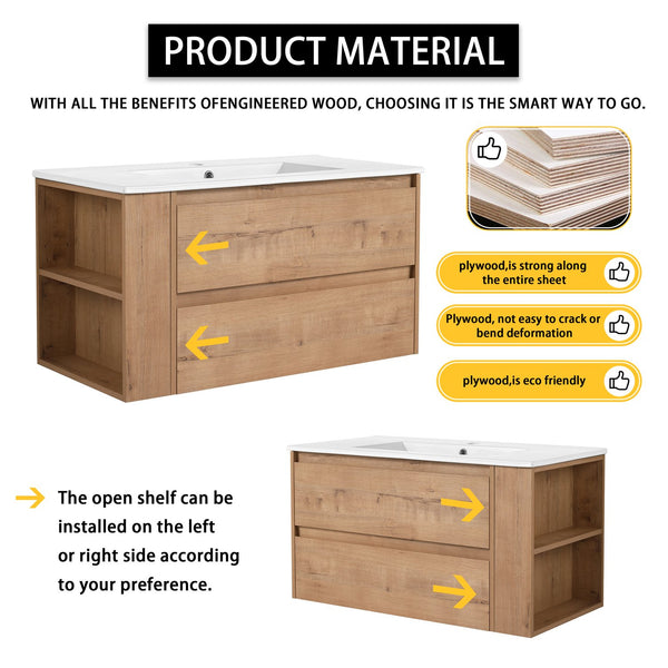 English Elm 36" Wall-Mounted Bathroom Vanity With Ceramic Sink, Dual Soft-Close Drawers & Side Rack Storage, Durable KD Packing W999S00344