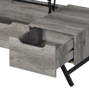 English Elm Throm Gray Oak Lift-Top Coffee Table with Hidden Storage Drawer, Industrial Splayed Iron Legs — Modern centerpiece B2726P251671