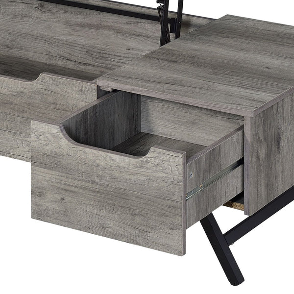 English Elm Throm Gray Oak Lift-Top Coffee Table with Hidden Storage Drawer, Industrial Splayed Iron Legs — Modern centerpiece B2726P251671