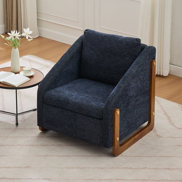 English Elm 057-Set Chenille Fabric Modern Upholstered Armchair with Wooden Side Frame, Ergonomic Cushioned Comfort Blue W527P239829