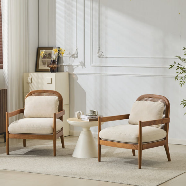 English Elm Christopher Knight Home® - [Set of 2] 26.6" Mid-Century Modern Accent Chair with Solid Wood Frame, Rattan Back and Plush Upholstery Ivory,Walnut N767P298390B