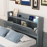 English Elm Full Size Wooden Bed With Storage Headboard With Outlets, Extendable Bed With Twin Size Trundle With Three Storage Drawers,Gray