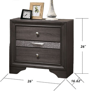 English Elm Contemporary Nightstand with Silver Accents, Solid Wood Veneer, English Dovetail Drawer, Sleek Shine Gray 30 L x 20 W x 30 H B2741P375929
